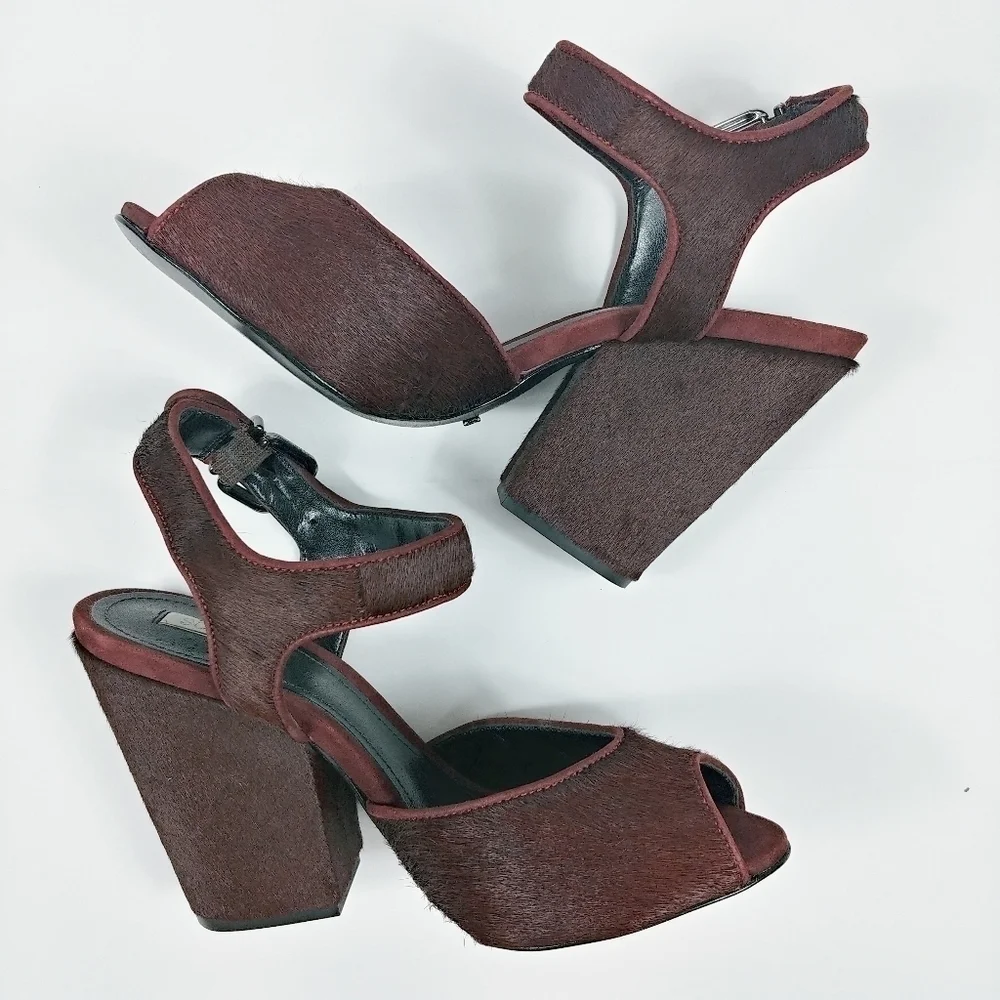 Schutz Peep Toe Pony Hair‎ Chunky Block Heel Size 6 Ankle Strap Burgundy